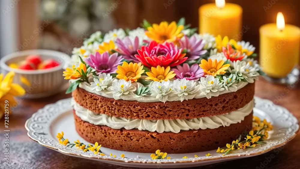 A decorated cake with white frosting and colorful flowers on top, sitting on a white plate.