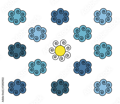 Funny sun and clouds on white background vector illustration 