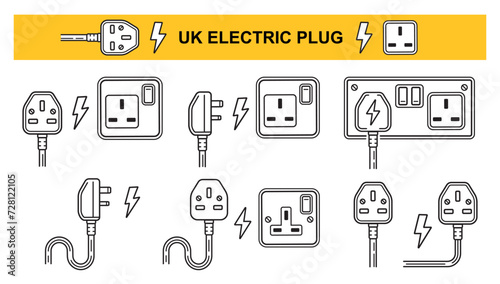 UK electric plug socket, British electrical power outlet line icon set. English three pin ac cable connector. Electricity energy supply. Electro equipment wire connection. Wall current switch. Vector
