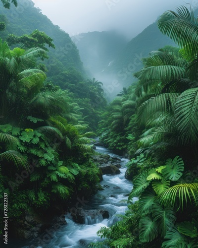 Misty Jungle River in Lush Greenery