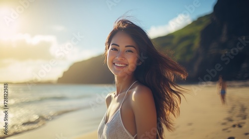 Asian beautiful girl smiling happy on beach vacation enjoying warm sunshine. Mixed race Asian Caucasian pretty model outside with sun in background on Hawaiian tropical beach.