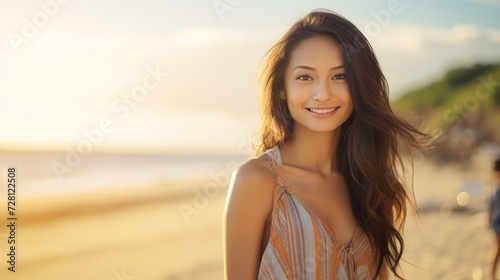 Asian beautiful girl smiling happy on beach vacation enjoying warm sunshine. Mixed race Asian Caucasian pretty model outside with sun in background on Hawaiian tropical beach.