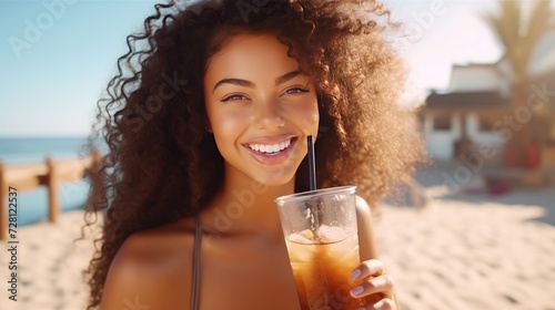 Beach woman drinking cold drink beverage having fun at beach party. Female babe in bikini enjoying Ice tea, coke or alcoholic drink smiling happy laughing looking at camera. Beautiful mixed race girl 
