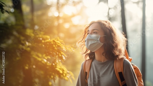 Eco-friendly sustainable face mask. Woman wearing kn95 korean masks walking in outdoor forest lookin up at sunlight. Hope concept for environment. Coronavirus covering. photo