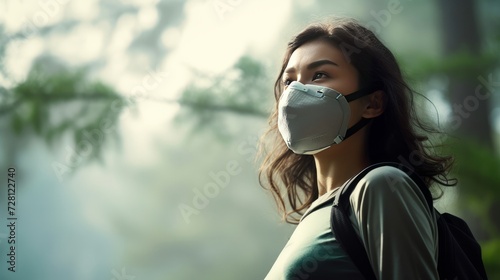 Eco-friendly sustainable face mask. Woman wearing kn95 korean masks walking in outdoor forest lookin up at sunlight. Hope concept for environment. Coronavirus covering. photo