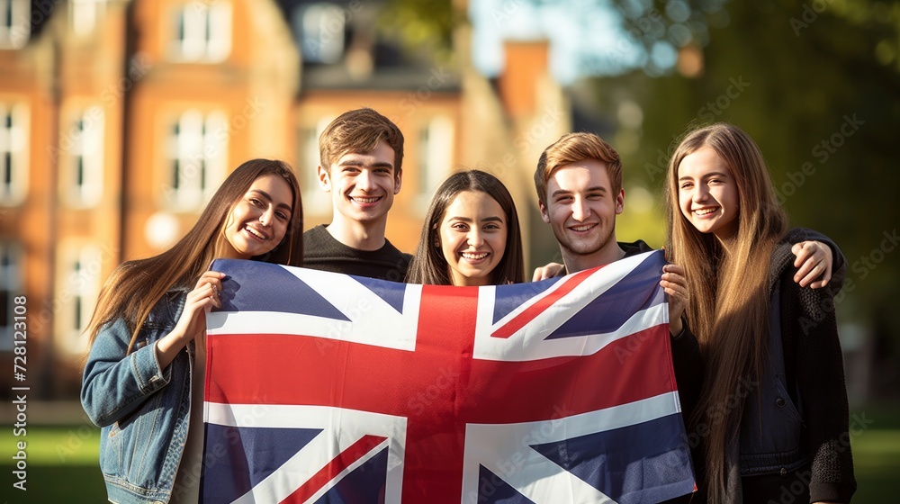 Group of students holding a flag of Great Britain on the university campus background. Friends in United Kingdom. International language learn course.