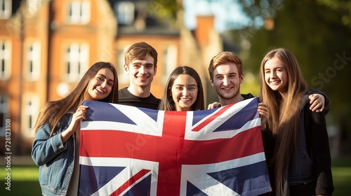 Obraz na płótnie Group of students holding a flag of Great Britain on the university campus background. Friends in United Kingdom. International language learn course. w salonie