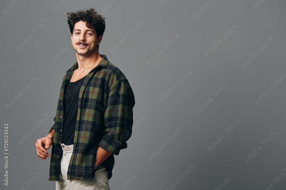 Fototapeta premium Man portrait smile confident trendy handsome fashion hipster copyspace shirt face