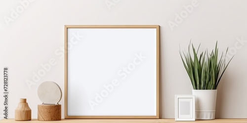 White picture frame with a mockup on vintage bench. Ceramic vase holds Lagurus ovatus grass, with books and business card nearby. White wall in a Scandinavian interior. Vertical orientation.