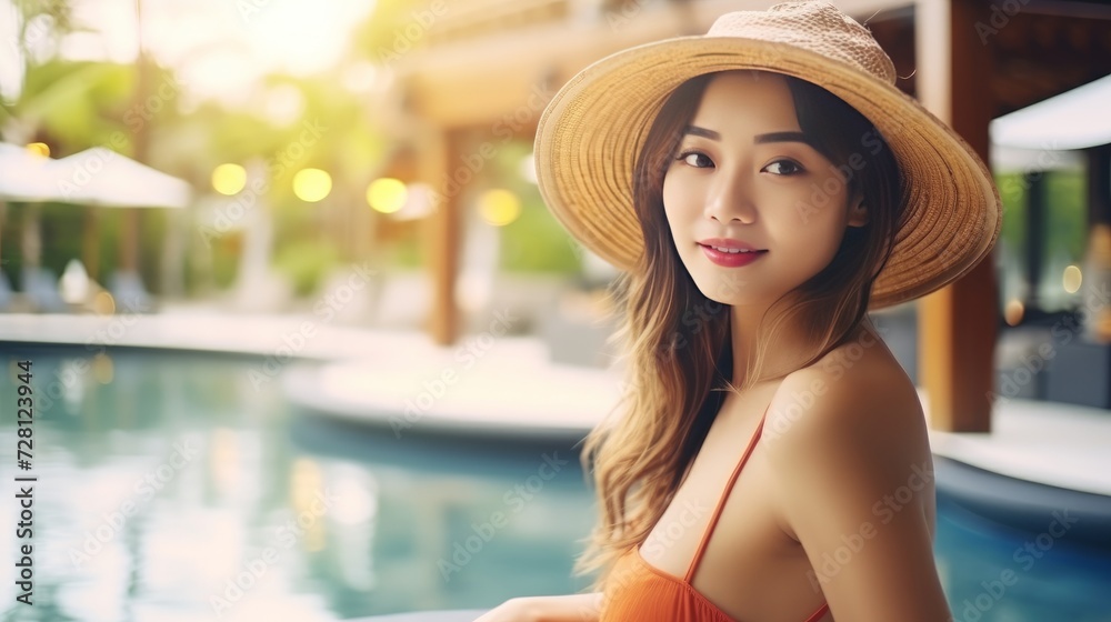 Portrait beautiful young asian women happy smile relax with cocktails glass around outdoor swimming pool in hotel resort for travel vacation at sunset or sunrise time