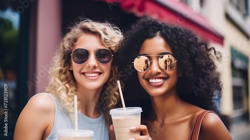 Outdoors portrait of female friends in the city. Multiethnic girls in casual summer outfits having a city walk  drinking take away coffee and having fun. Urban lifestyle and friendship concept