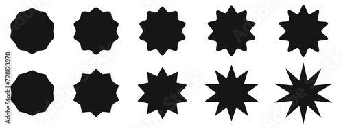 Sun, sunburst, sunlight, sunshine icons. Circular badges, stamps, labels, price or promocode tags with zigzag and wavy edges. Collection of black discount or sale stickers isolated on white background