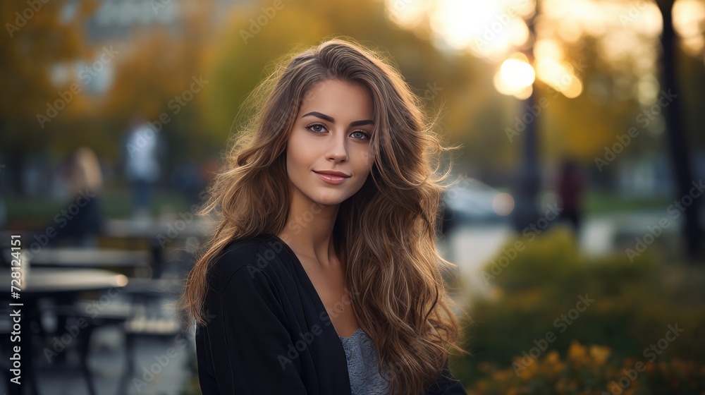 Portrait of a modern beautiful woman against the background of the city park. Portrait of a modern beautiful woman against the background of the city park.