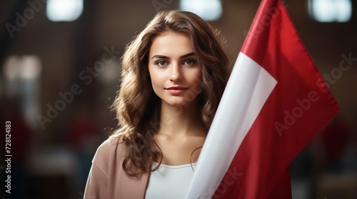 Portrait of a young female student in her hands holding the flag of Poland.