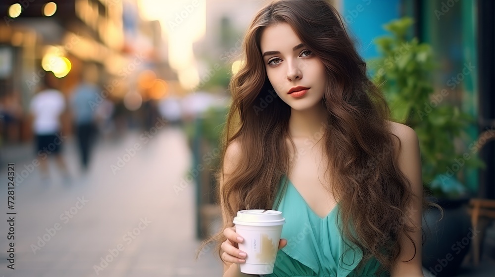 Pretty long hair brunette girl in green light dress with blue paper cup of beverage sitting outdoor on the street in the city Pretty long hair brunette girl in green light dress with blue paper cup of beverage sitting outdoor on the street in the city