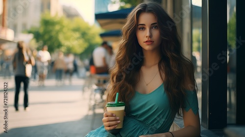 Pretty long hair brunette girl in green light dress with blue paper cup of beverage sitting outdoor on the street in the city