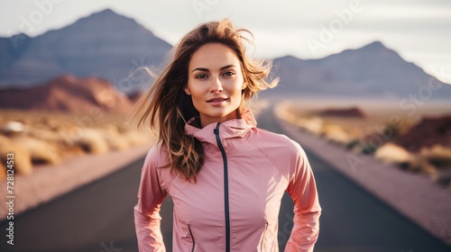 young attractive sport woman in running pink jacket posing with attitude defiant and cool in asphalt road in front of mountain desert landscape in body fitness and healthy lifestyle concept © Nicat