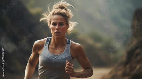 young exhausted sport woman running outdoors on dirty road in mountain landscape stop for breathing after huge effort in fitness workout training and overtraining concept