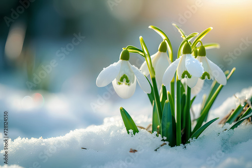 Snowdrop flowers gracefully blossoming outdoors, amidst a snowy landscape.