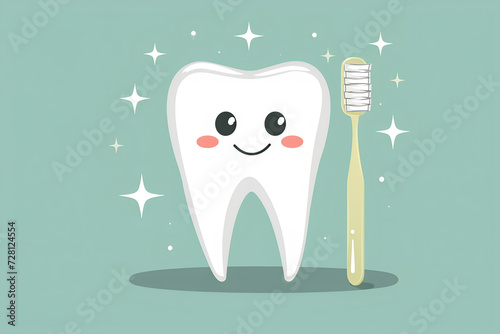 A cheerful illustration of a happy white tooth being cleaned with a brush,emphasizing the concept of morning teeth brushing and oral hygiene for children.This dental health character serves as a carto