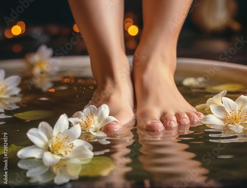 Woman's feet in a water bath with floating white flowers. photo