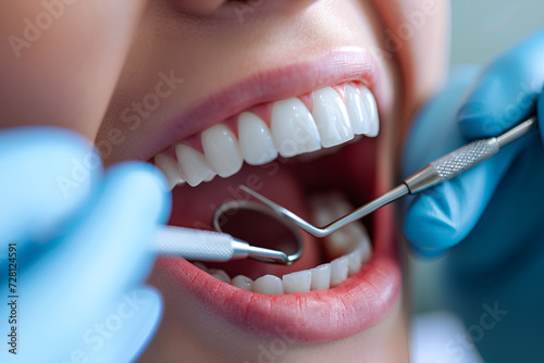 A close-up photo depicting a dentist examining a patient's teeth using a dental mirror. photo