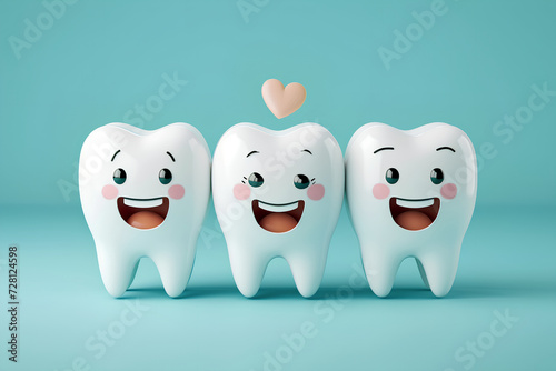 Image of adorable, amusing white tooth characters with cheerful expressions, set against a background of blue turquoise color.