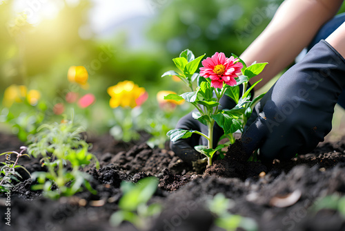 A close-up photo capturing a gardener planting flowers in the garden.