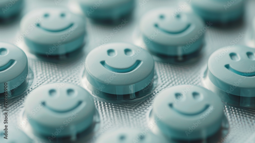 Blue pills with smiley face. - obrazy, fototapety, plakaty 