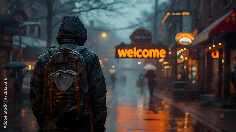 a man walking down a street in a city, a person walking through a dark alley, People walking along the road in the snow in the city. a man walking down a street in a city, a person walking through a dark alley, People walking along the road in the snow in the city.