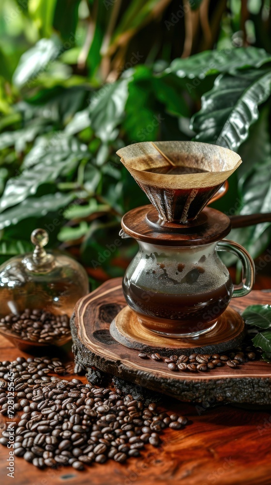 Coffee beans and a coffee dripper on a wooden table with green plants. Generative AI. Coffee beans and a coffee dripper on a wooden table with green plants. Generative AI.