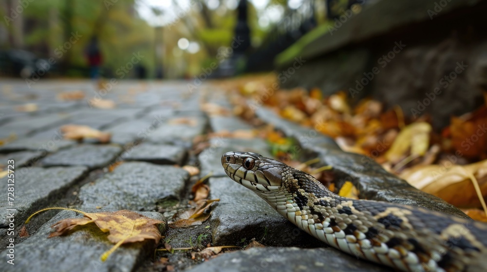 Obraz premium A snake is sitting on the ground in the fall. Generative AI.