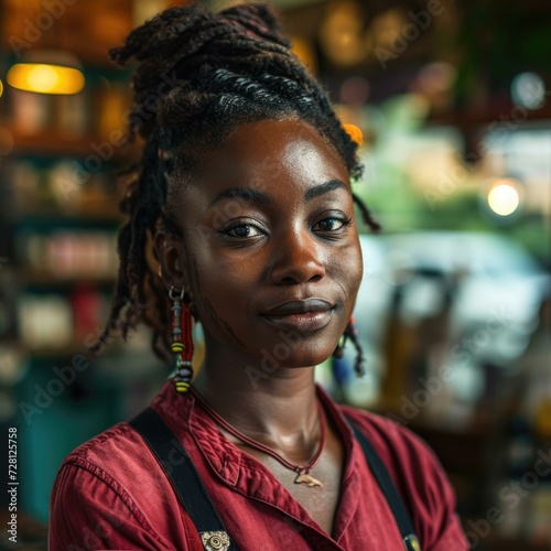 A woman with dreadlocks standing in front of a bar. Generative AI.
