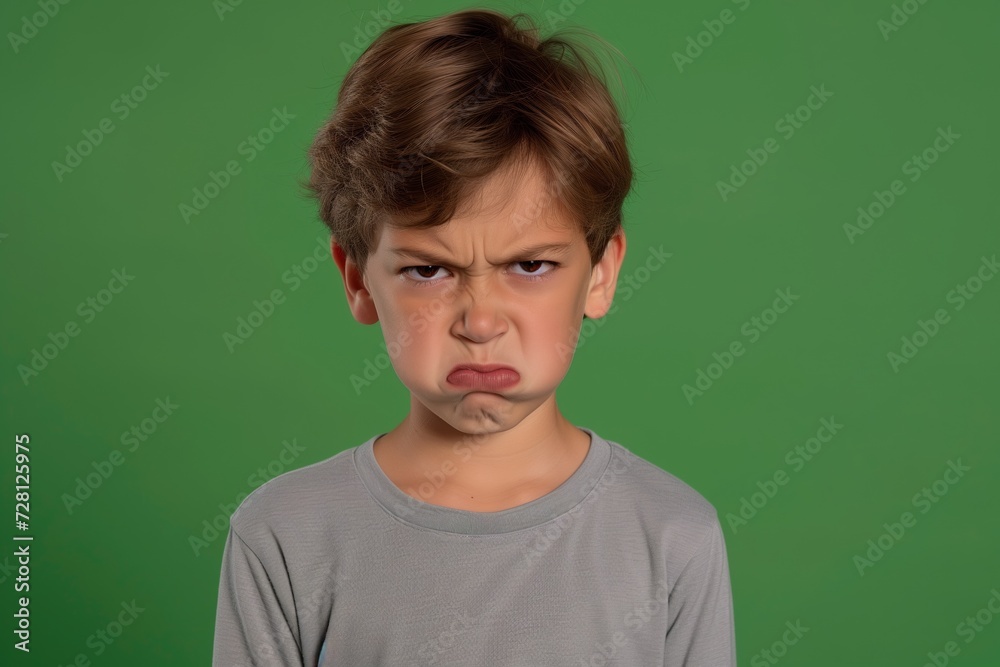 Portrait of a Grumpy Little Boy with Arms Crossed on Green Background. Generative AI. Portrait of a Grumpy Little Boy with Arms Crossed on Green Background. Generative AI.