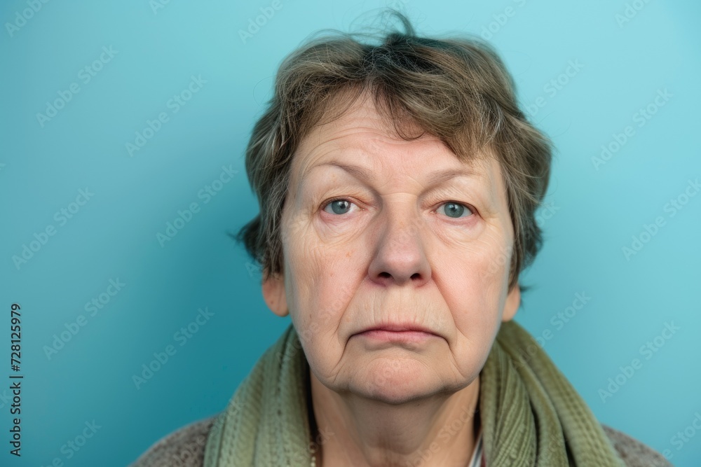 Portrait of a Pensive Middle-Aged Woman with a Scarf on Blue Background. Generative AI. Portrait of a Pensive Middle-Aged Woman with a Scarf on Blue Background. Generative AI.