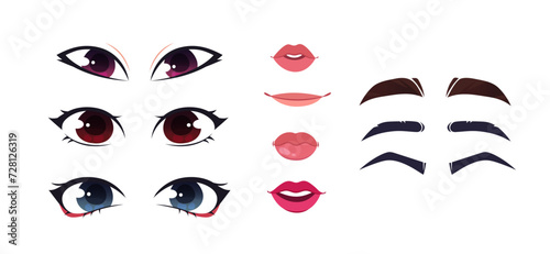 Asian girl constructor eyes set. Lips and eyes, brows. Character creation process. Stickers for social networks and messengers. Cartoon flat vector collection isolated on white background