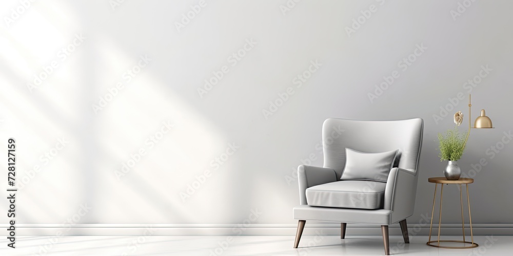 Chic gray chair and table with luminous lamp by white wall. Chic gray chair and table with luminous lamp by white wall.