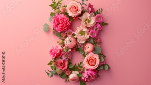 A number 8 made of flowers on a pink background, AI © starush