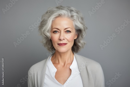 Portrait of a beautiful senior woman looking at camera over grey background