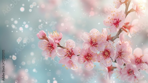 Plum branch covered with flowers. Spring season. Web banner, generative ai © Dzakir