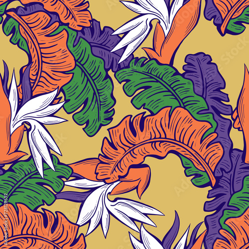 Banana plant leaves pattern for textile design, fabric print, wallpaper, digital paper. Palm tree leaf background, jungle vintage style, hand drawn illustration for spa salon, cafe, hotel decoration.