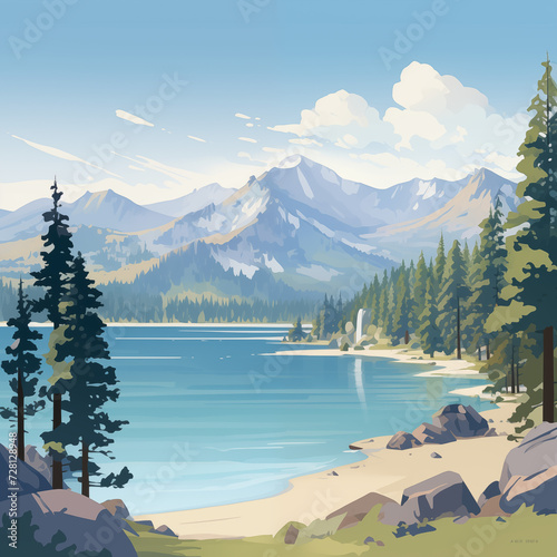 Lake Tahoe Alpine Lake with Blue Sky and Mountains and Pines Postcard and Poster Illustration Style