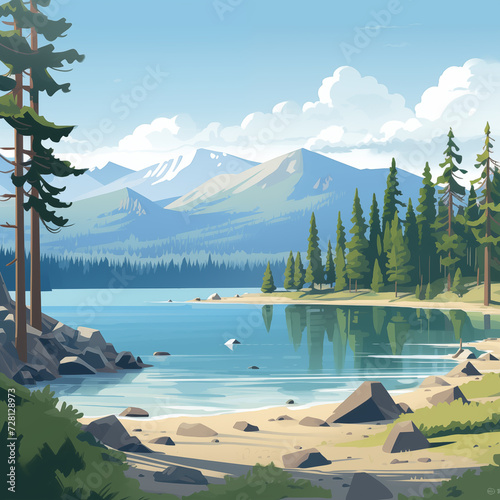 Lake Tahoe Alpine Lake with Blue Sky and Mountains and Pines Postcard and Poster Illustration Style