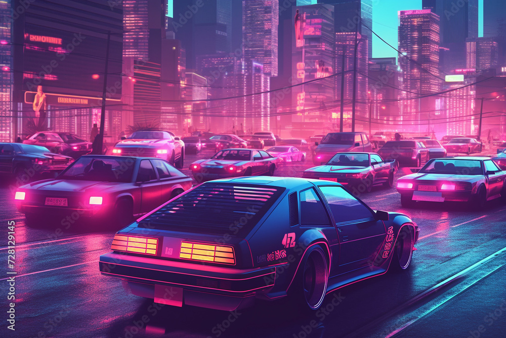 Retro Ride: Synthwave Artwork Featuring a Stylish Synthwave Car - Neon Nostalgia, Cybernetic Aesthetics, Vaporwave Culture, Digital Retro Vibes, Retro Wave Music, Cyberpunk Style