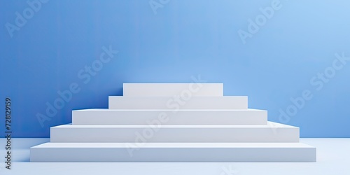 Minimal geometric design display podium with blue wall and white stairs for cosmetic presentation and mock-up purposes.