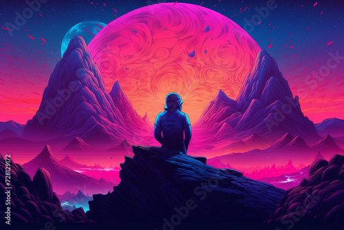 Synthwave Horizon: Vibrant Landscape Infused with Retro-Futuristic Synthwave Vibes - Neon Nostalgia, Cybernetic Aesthetics, Vaporwave Culture, Digital Retro Vibes photo