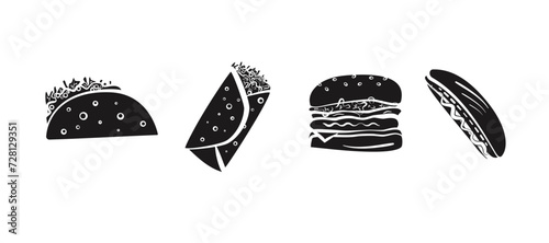 Black linocut style textured fast food symbols set. Cute block print fastfood hamburger, tacos, burrito, hot dog for restaurant or café menu, advertisement, banners, stickers, logo design