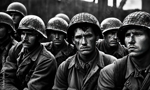 Sad soldiers in world war, black and white photo