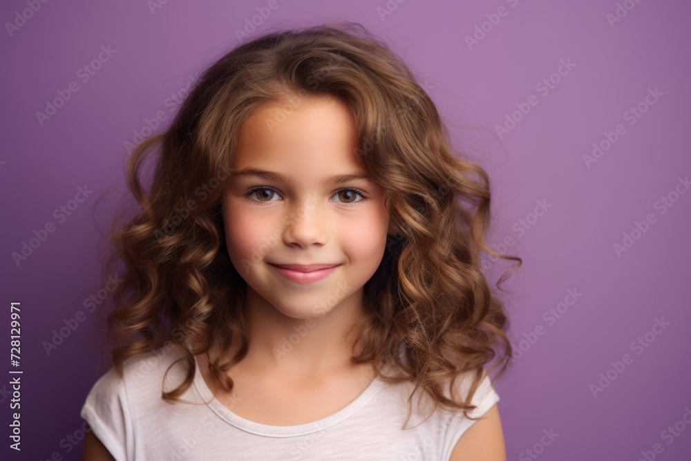 Portrait of a beautiful little girl with long curly hair on a purple background Portrait of a beautiful little girl with long curly hair on a purple background