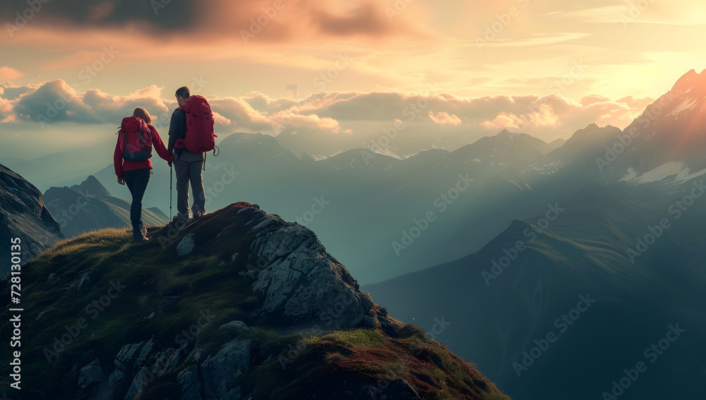 couple holding hands on top of a mountain in the morning